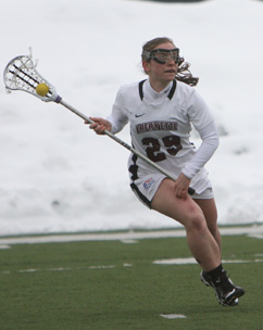 STARTING POINT: Dana Smith heads upfield in action this spring during her freshman campaign for the Lafayette College women’s lacrosse team. Smith a former Princeton High standout, started 16 of 17 games for the Leopards on defense, picking up 21 ground balls and causing 12 turnovers.(Photo provided courtesy of Lafayette College)