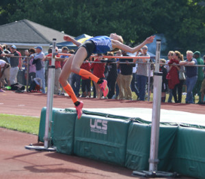 LEAPING LEVY: Princeton High girls’ track star Noa Levy clears the bar at 5’2 in the high jump at the Meet of Champions last Wednesday at South Plainfield. The jump was a personal record for sophomore Levy and gave her a 15th place finish at the meet.(Photo by John Dowers)